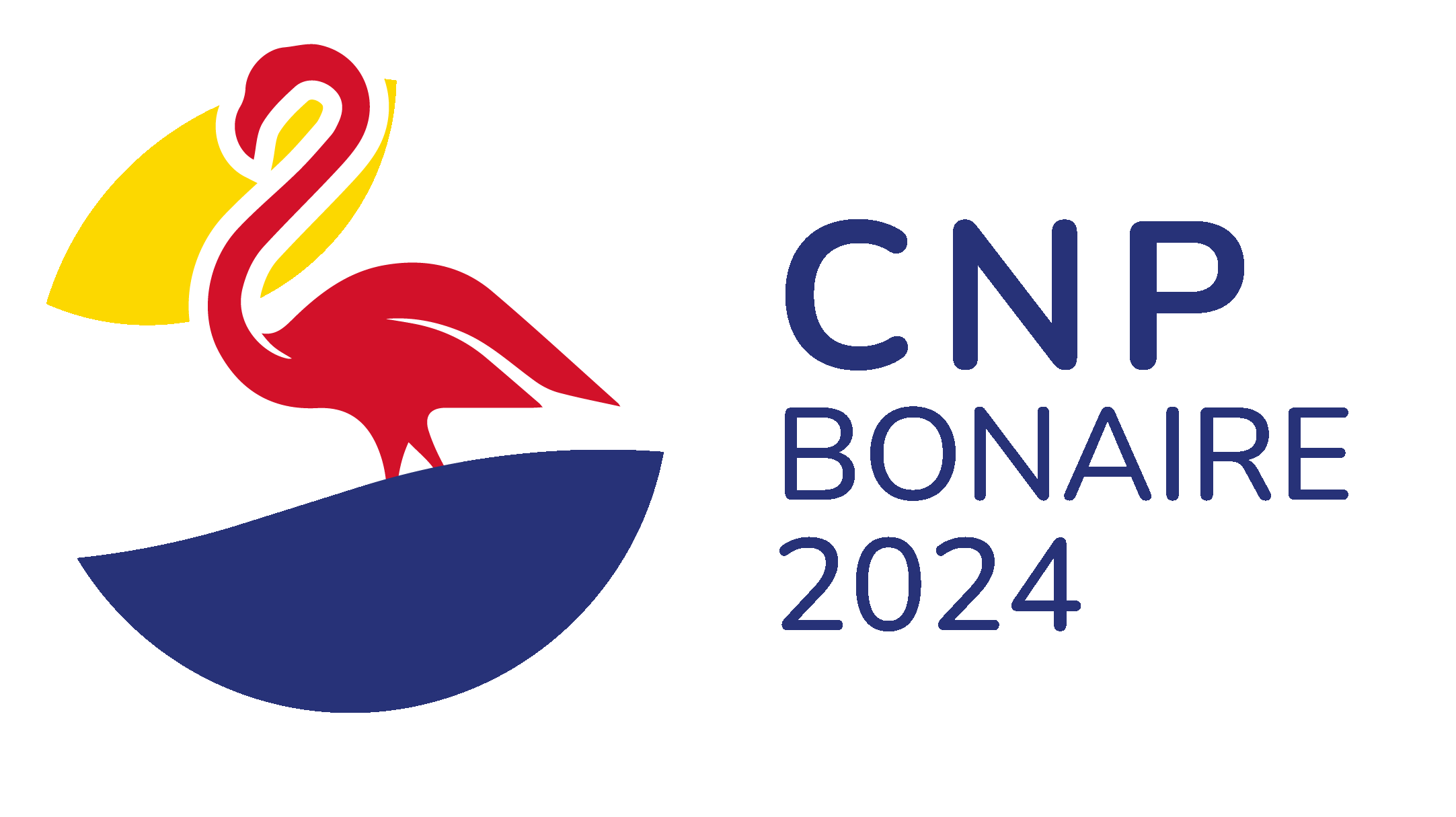 Design illustré pour un voyage du Club Nautique Portésien à Bonaire, représentant un paysage marin avec soleil et flamant rose.