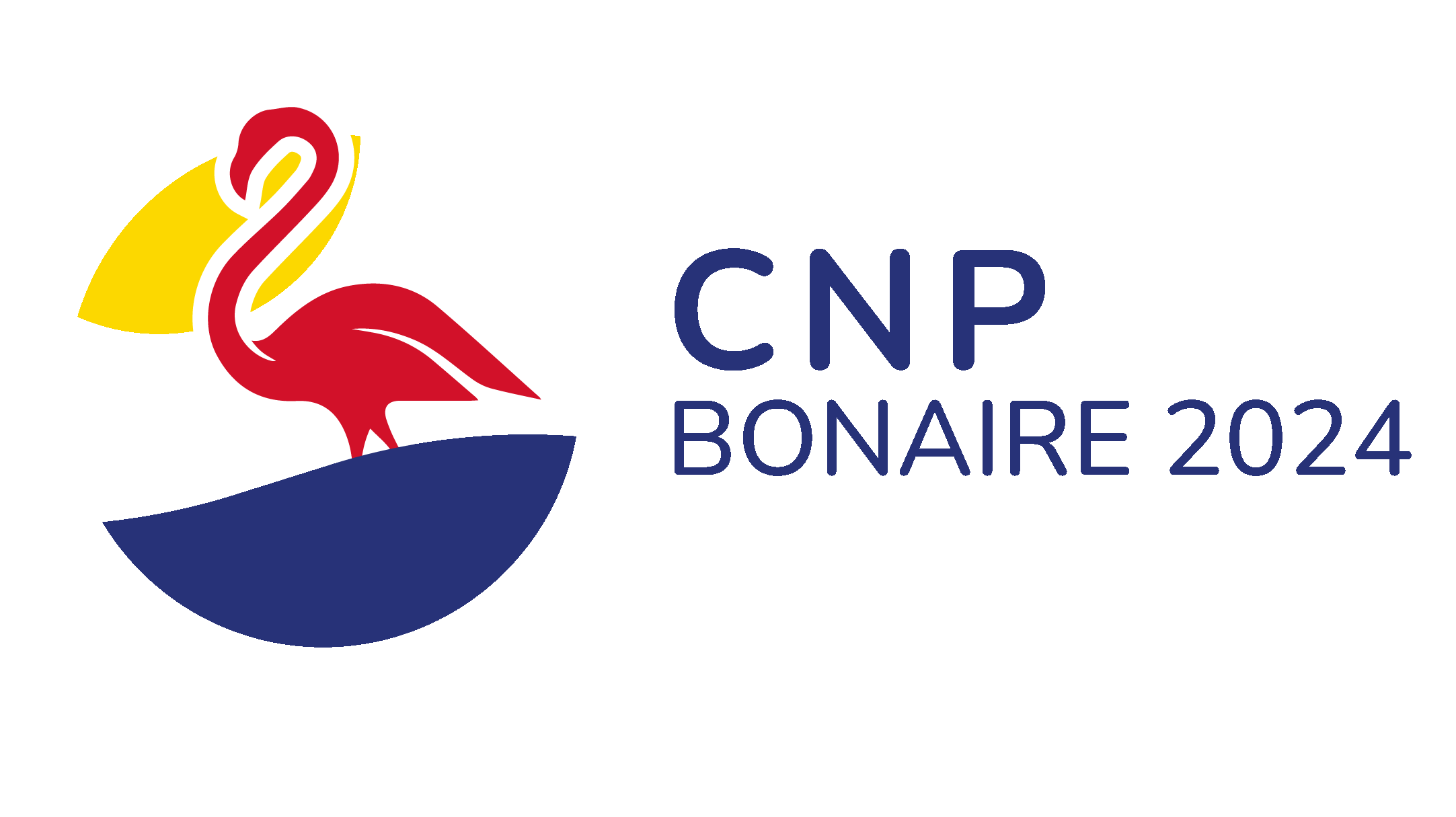 Design illustré pour un voyage du Club Nautique Portésien à Bonaire, représentant un paysage marin avec soleil et flamant rose.