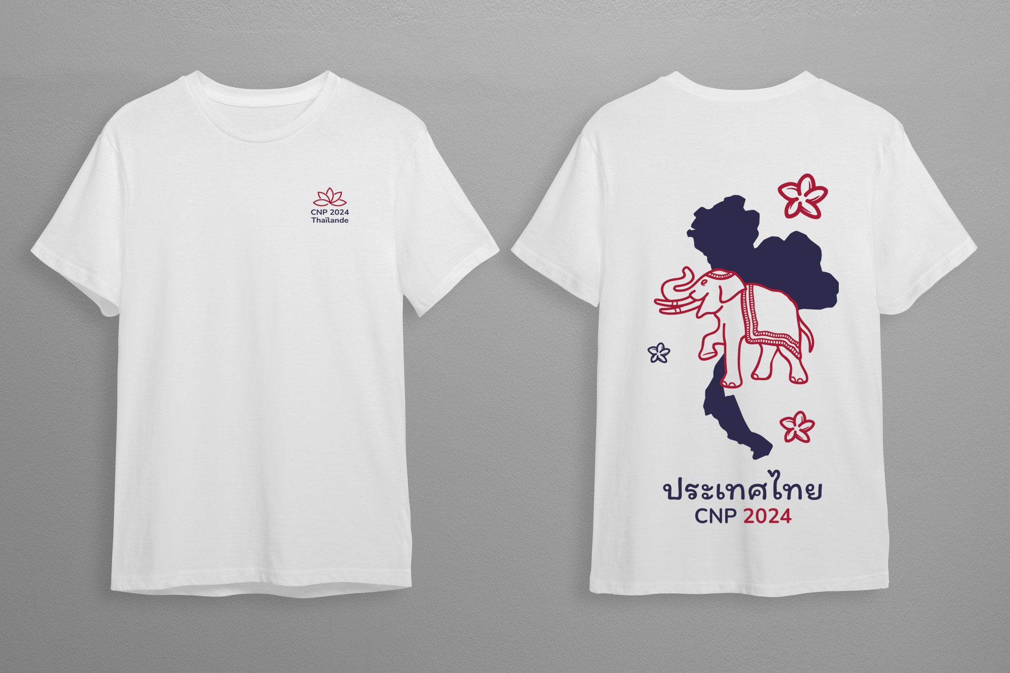 Création d'un tee-shirt pour le voyage en Thaïlande avec des illustrations d'un éléphant, des fleurs de frangipanier et la disposition du territoire thaïlandais.
