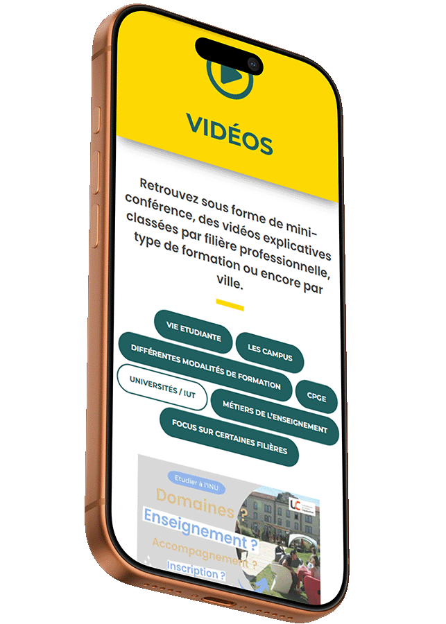 Mockup d'un téléphone consultant la page des vidéos présentes sur le site infosup.fr